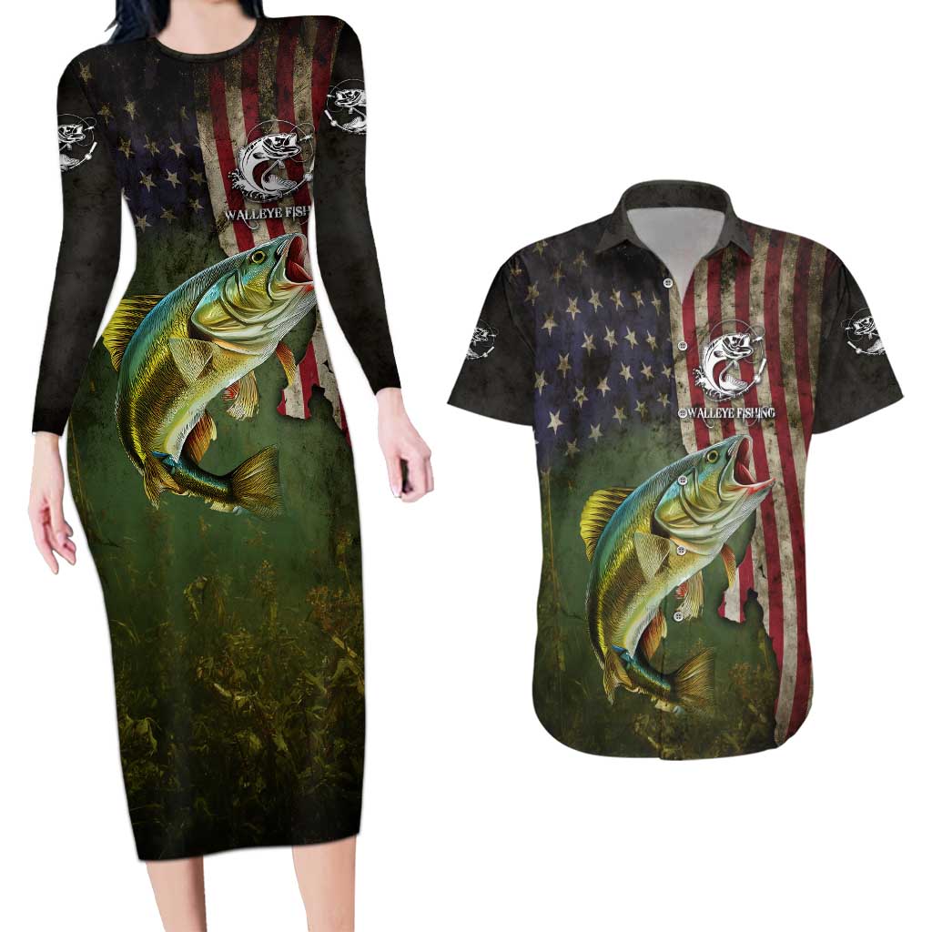 Personalized Walleye Fishing Couples Matching Long Sleeve Bodycon Dress and Hawaiian Shirt American Flag Background and Green Grunge Style Design - Wonder Print Shop