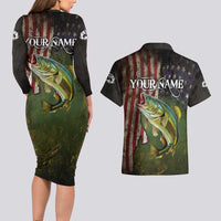 Personalized Walleye Fishing Couples Matching Long Sleeve Bodycon Dress and Hawaiian Shirt American Flag Background and Green Grunge Style Design - Wonder Print Shop