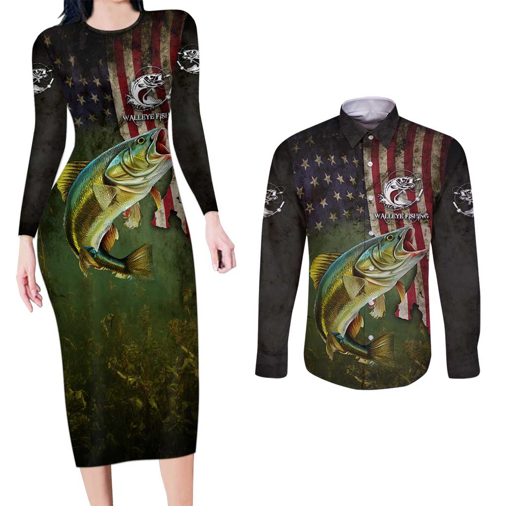 Personalized Walleye Fishing Couples Matching Long Sleeve Bodycon Dress and Long Sleeve Button Shirt American Flag Background and Green Grunge Style Design - Wonder Print Shop