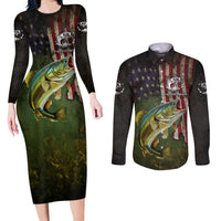 Personalized Walleye Fishing Couples Matching Long Sleeve Bodycon Dress and Long Sleeve Button Shirt American Flag Background and Green Grunge Style Design - Wonder Print Shop