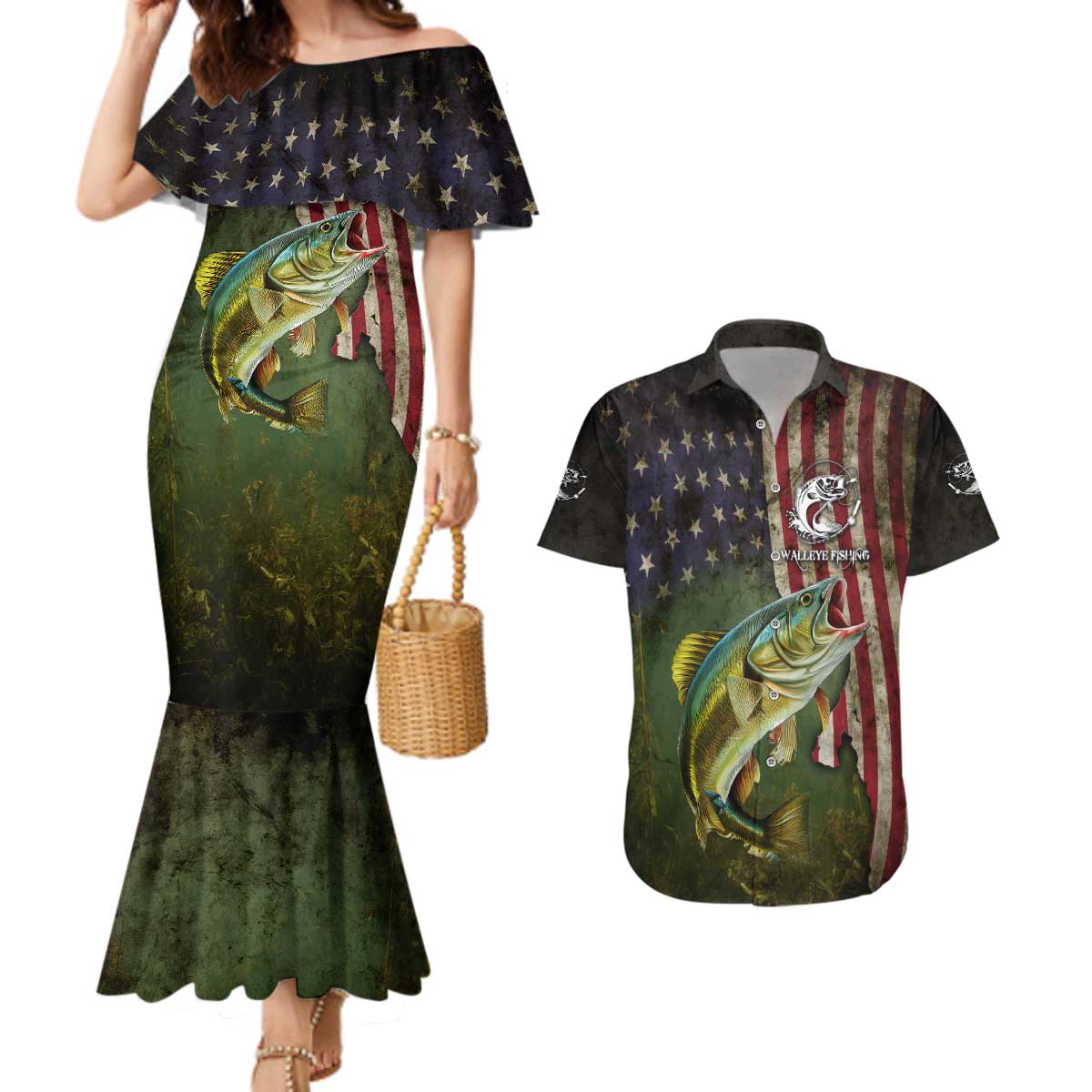 Personalized Walleye Fishing Couples Matching Mermaid Dress and Hawaiian Shirt American Flag Background and Green Grunge Style Design - Wonder Print Shop