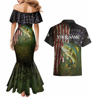 Personalized Walleye Fishing Couples Matching Mermaid Dress and Hawaiian Shirt American Flag Background and Green Grunge Style Design - Wonder Print Shop