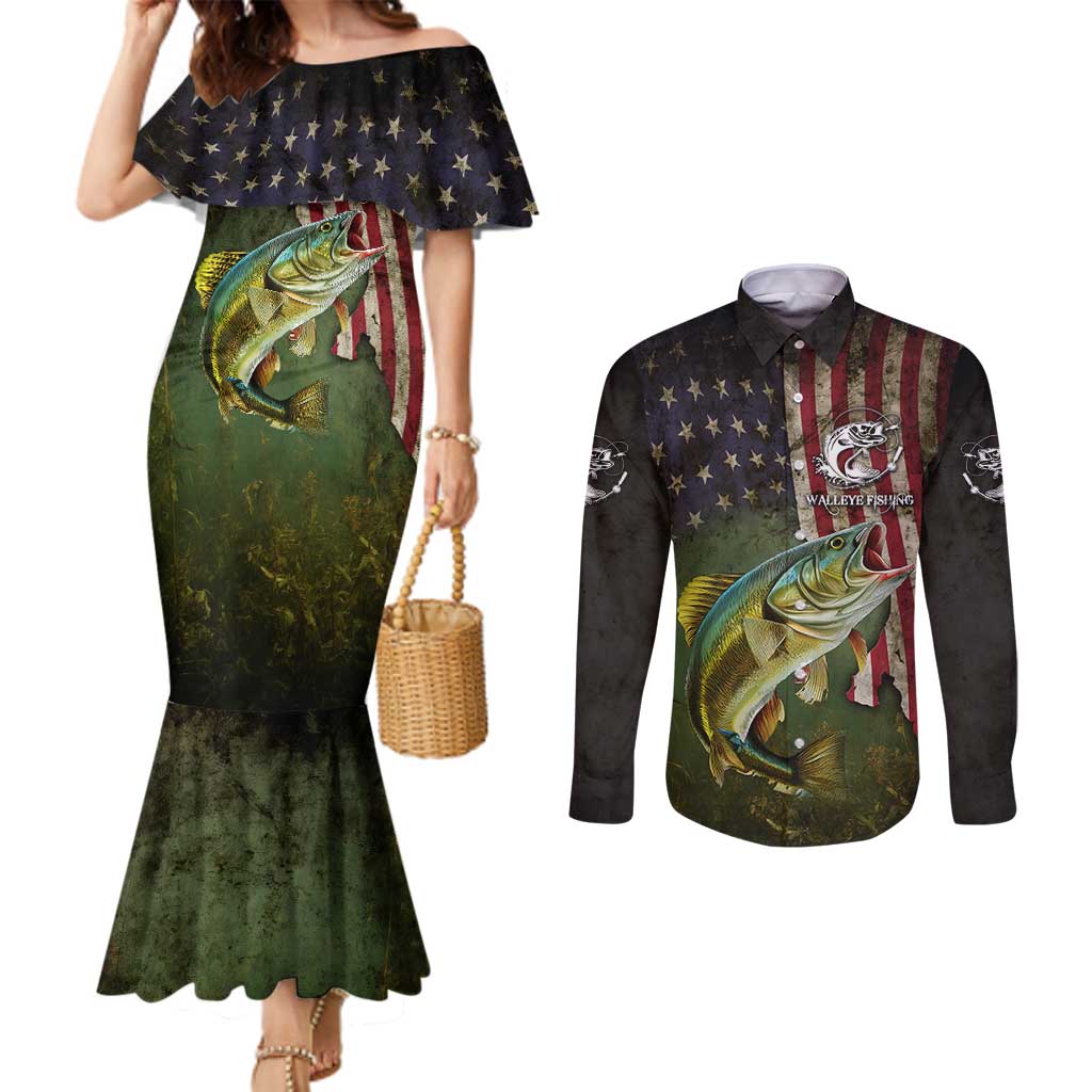 Personalized Walleye Fishing Couples Matching Mermaid Dress and Long Sleeve Button Shirt American Flag Background and Green Grunge Style Design - Wonder Print Shop