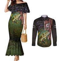 Personalized Walleye Fishing Couples Matching Mermaid Dress and Long Sleeve Button Shirt American Flag Background and Green Grunge Style Design - Wonder Print Shop