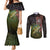Personalized Walleye Fishing Couples Matching Mermaid Dress and Long Sleeve Button Shirt American Flag Background and Green Grunge Style Design - Wonder Print Shop