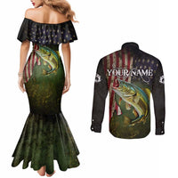 Personalized Walleye Fishing Couples Matching Mermaid Dress and Long Sleeve Button Shirt American Flag Background and Green Grunge Style Design - Wonder Print Shop