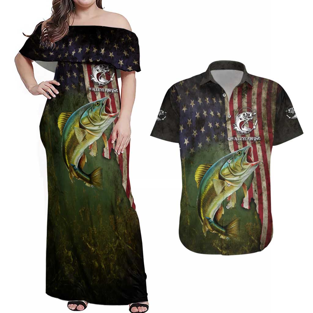 Personalized Walleye Fishing Couples Matching Off Shoulder Maxi Dress and Hawaiian Shirt American Flag Background and Green Grunge Style Design - Wonder Print Shop