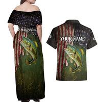 Personalized Walleye Fishing Couples Matching Off Shoulder Maxi Dress and Hawaiian Shirt American Flag Background and Green Grunge Style Design - Wonder Print Shop