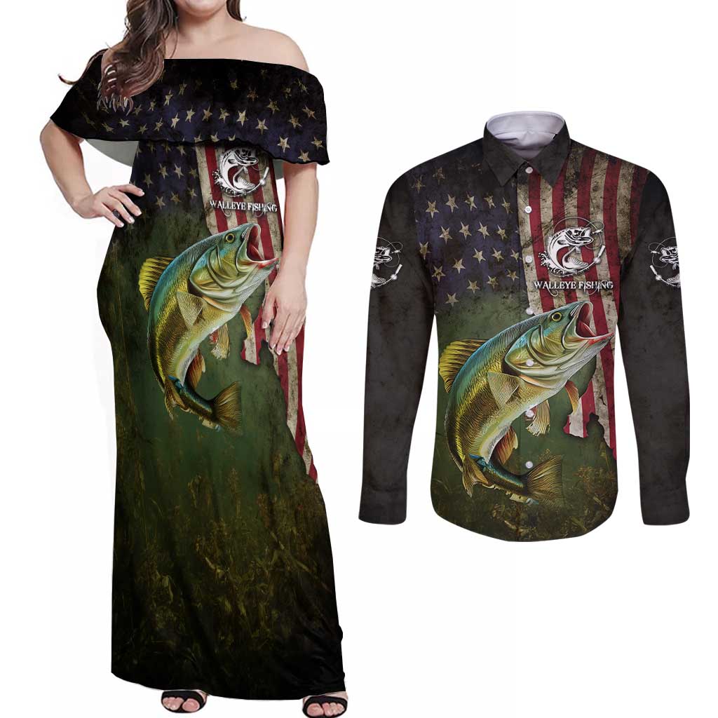 Personalized Walleye Fishing Couples Matching Off Shoulder Maxi Dress and Long Sleeve Button Shirt American Flag Background and Green Grunge Style Design - Wonder Print Shop