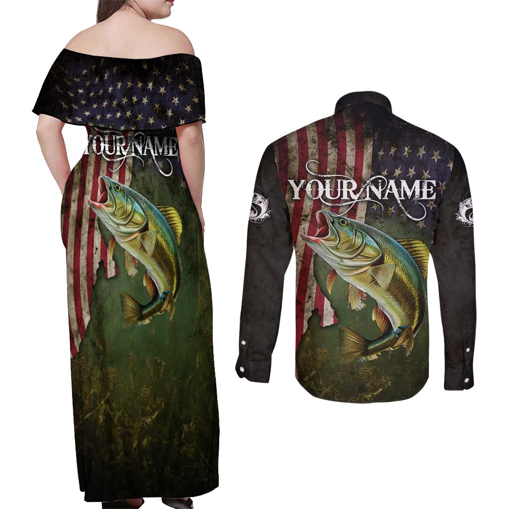 Personalized Walleye Fishing Couples Matching Off Shoulder Maxi Dress and Long Sleeve Button Shirt American Flag Background and Green Grunge Style Design - Wonder Print Shop