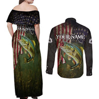 Personalized Walleye Fishing Couples Matching Off Shoulder Maxi Dress and Long Sleeve Button Shirt American Flag Background and Green Grunge Style Design - Wonder Print Shop