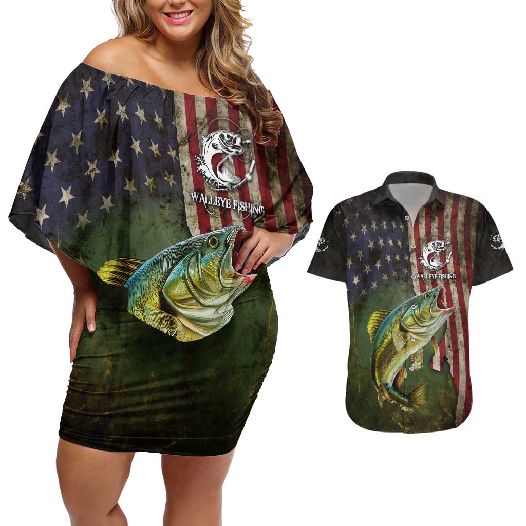 Personalized Walleye Fishing Couples Matching Off Shoulder Short Dress and Hawaiian Shirt American Flag Background and Green Grunge Style Design - Wonder Print Shop