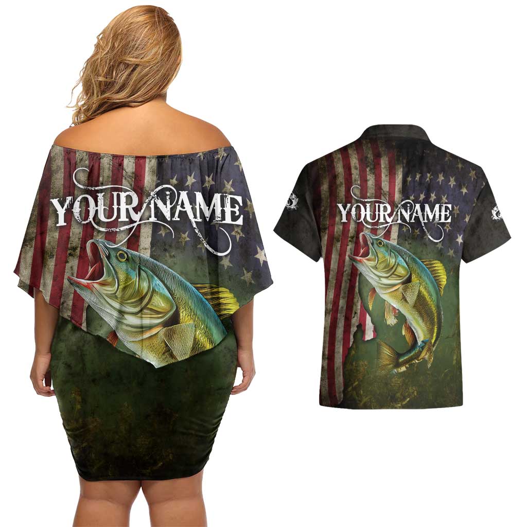 Personalized Walleye Fishing Couples Matching Off Shoulder Short Dress and Hawaiian Shirt American Flag Background and Green Grunge Style Design - Wonder Print Shop