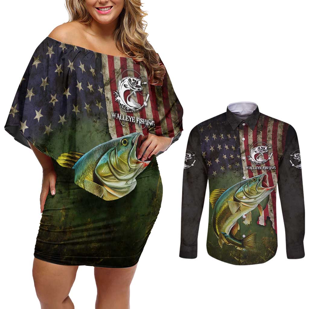Personalized Walleye Fishing Couples Matching Off Shoulder Short Dress and Long Sleeve Button Shirt American Flag Background and Green Grunge Style Design - Wonder Print Shop