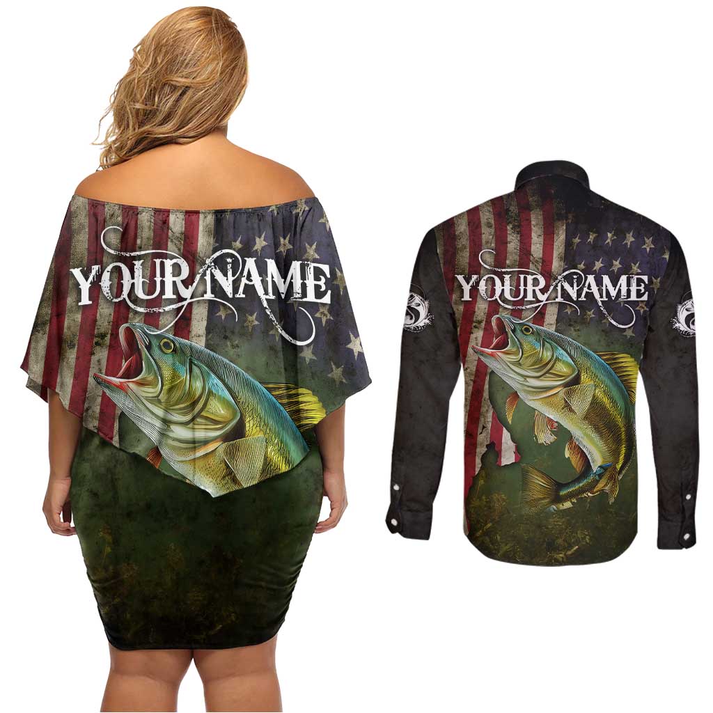 Personalized Walleye Fishing Couples Matching Off Shoulder Short Dress and Long Sleeve Button Shirt American Flag Background and Green Grunge Style Design - Wonder Print Shop