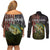 Personalized Walleye Fishing Couples Matching Off Shoulder Short Dress and Long Sleeve Button Shirt American Flag Background and Green Grunge Style Design - Wonder Print Shop