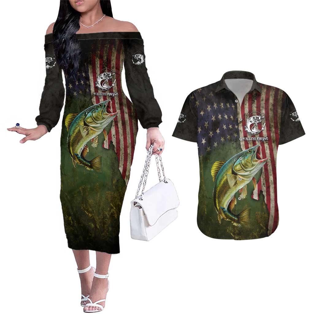Personalized Walleye Fishing Couples Matching Off The Shoulder Long Sleeve Dress and Hawaiian Shirt American Flag Background and Green Grunge Style Design - Wonder Print Shop