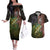Personalized Walleye Fishing Couples Matching Off The Shoulder Long Sleeve Dress and Hawaiian Shirt American Flag Background and Green Grunge Style Design - Wonder Print Shop