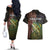 Personalized Walleye Fishing Couples Matching Off The Shoulder Long Sleeve Dress and Hawaiian Shirt American Flag Background and Green Grunge Style Design - Wonder Print Shop