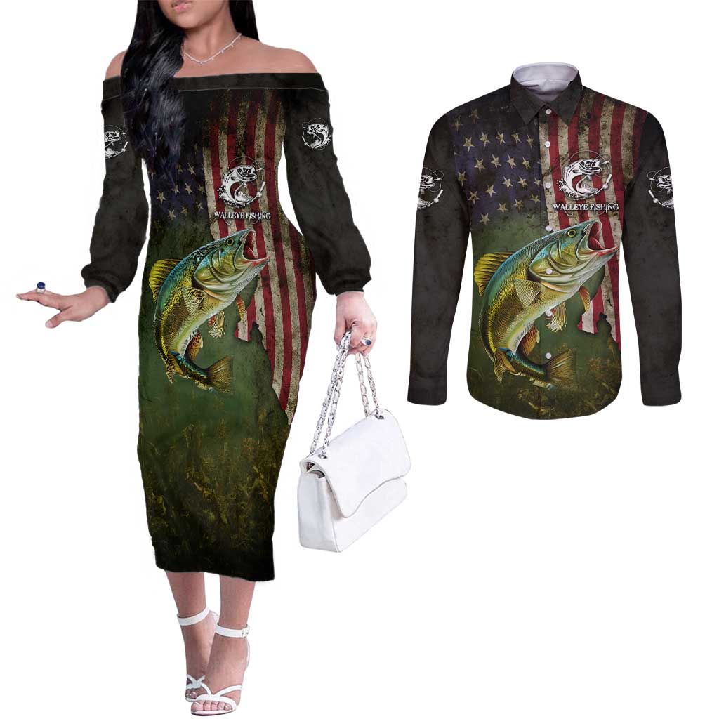 Personalized Walleye Fishing Couples Matching Off The Shoulder Long Sleeve Dress and Long Sleeve Button Shirt American Flag Background and Green Grunge Style Design - Wonder Print Shop