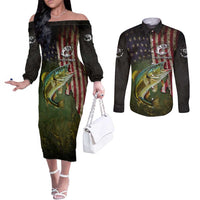 Personalized Walleye Fishing Couples Matching Off The Shoulder Long Sleeve Dress and Long Sleeve Button Shirt American Flag Background and Green Grunge Style Design - Wonder Print Shop