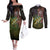 Personalized Walleye Fishing Couples Matching Off The Shoulder Long Sleeve Dress and Long Sleeve Button Shirt American Flag Background and Green Grunge Style Design - Wonder Print Shop