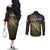 Personalized Walleye Fishing Couples Matching Off The Shoulder Long Sleeve Dress and Long Sleeve Button Shirt American Flag Background and Green Grunge Style Design - Wonder Print Shop