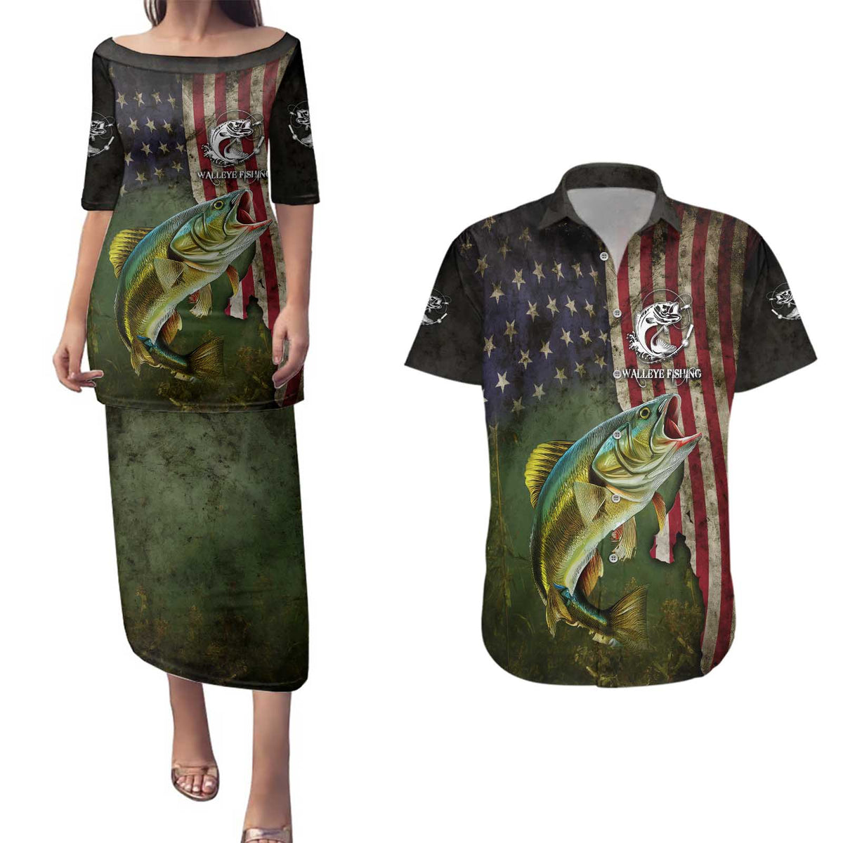 Personalized Walleye Fishing Couples Matching Puletasi and Hawaiian Shirt American Flag Background and Green Grunge Style Design - Wonder Print Shop