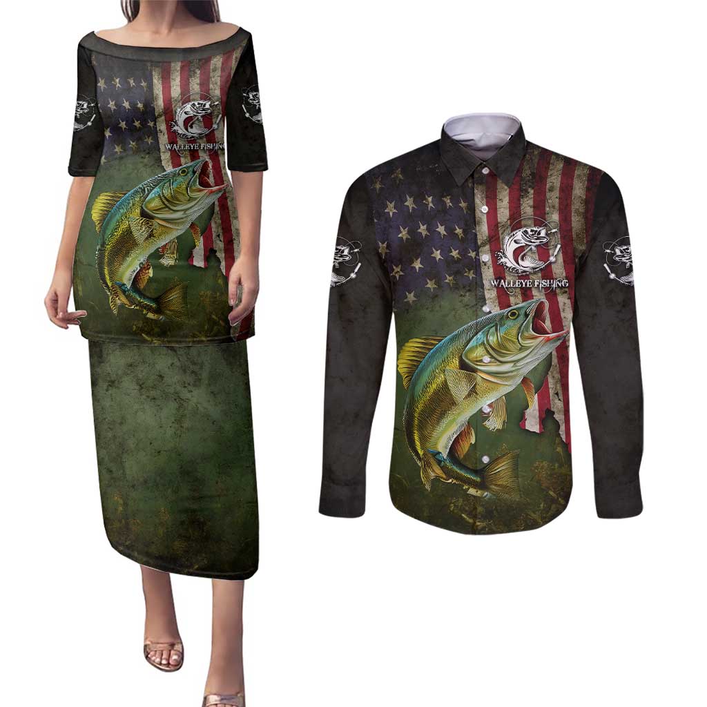 Personalized Walleye Fishing Couples Matching Puletasi and Long Sleeve Button Shirt American Flag Background and Green Grunge Style Design - Wonder Print Shop