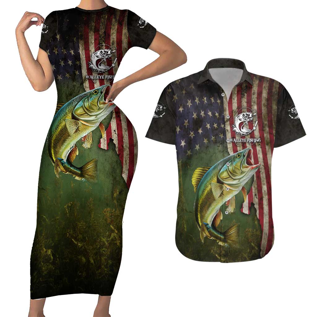 Personalized Walleye Fishing Couples Matching Short Sleeve Bodycon Dress and Hawaiian Shirt American Flag Background and Green Grunge Style Design - Wonder Print Shop