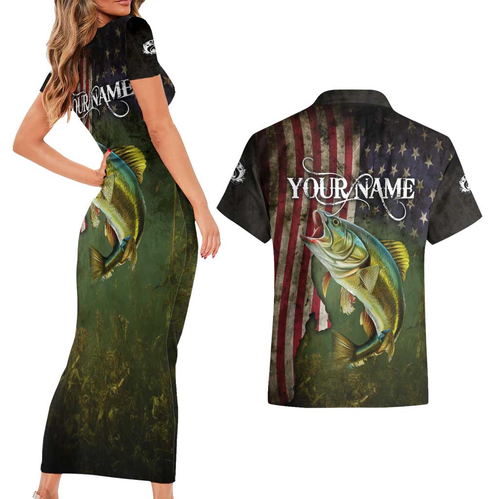 Personalized Walleye Fishing Couples Matching Short Sleeve Bodycon Dress and Hawaiian Shirt American Flag Background and Green Grunge Style Design - Wonder Print Shop