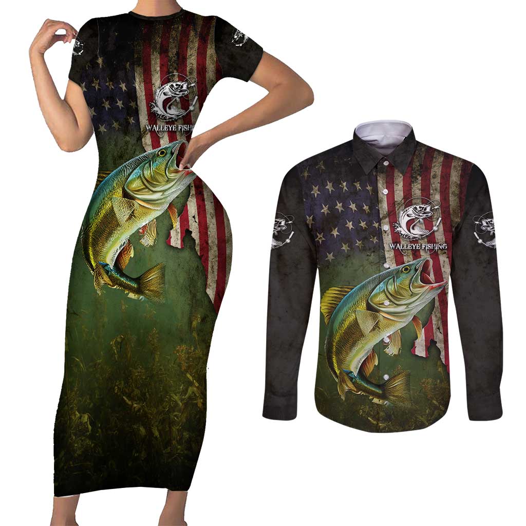 Personalized Walleye Fishing Couples Matching Short Sleeve Bodycon Dress and Long Sleeve Button Shirt American Flag Background and Green Grunge Style Design - Wonder Print Shop