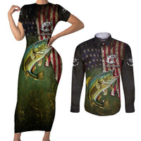 Personalized Walleye Fishing Couples Matching Short Sleeve Bodycon Dress and Long Sleeve Button Shirt American Flag Background and Green Grunge Style Design - Wonder Print Shop