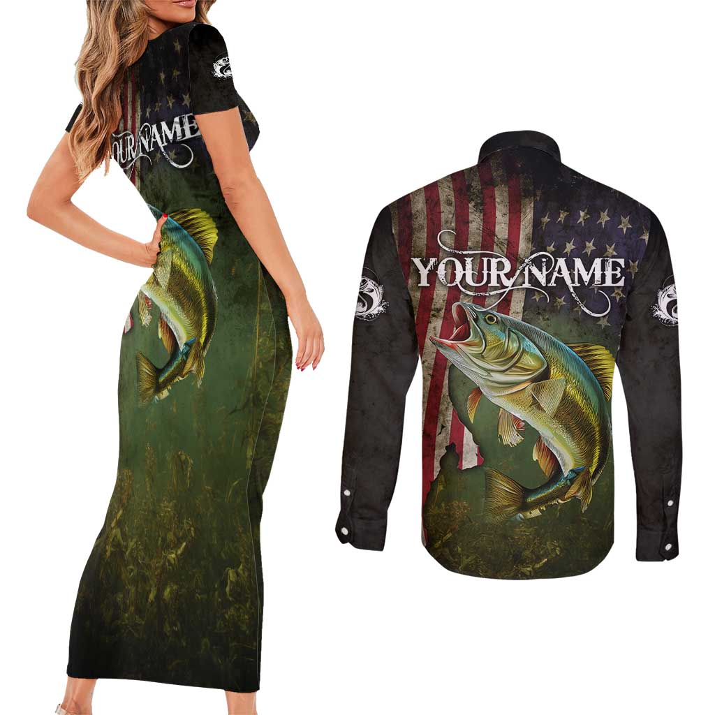 Personalized Walleye Fishing Couples Matching Short Sleeve Bodycon Dress and Long Sleeve Button Shirt American Flag Background and Green Grunge Style Design - Wonder Print Shop