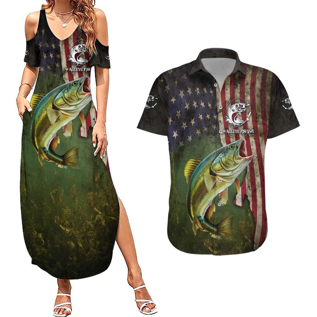 Personalized Walleye Fishing Couples Matching Summer Maxi Dress and Hawaiian Shirt American Flag Background and Green Grunge Style Design - Wonder Print Shop