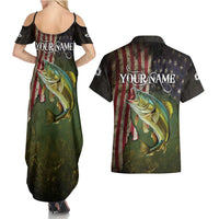 Personalized Walleye Fishing Couples Matching Summer Maxi Dress and Hawaiian Shirt American Flag Background and Green Grunge Style Design - Wonder Print Shop