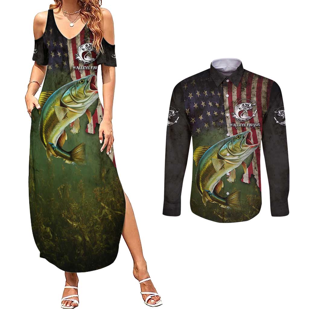 Personalized Walleye Fishing Couples Matching Summer Maxi Dress and Long Sleeve Button Shirt American Flag Background and Green Grunge Style Design - Wonder Print Shop