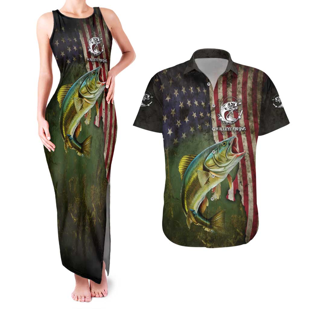 Personalized Walleye Fishing Couples Matching Tank Maxi Dress and Hawaiian Shirt American Flag Background and Green Grunge Style Design - Wonder Print Shop