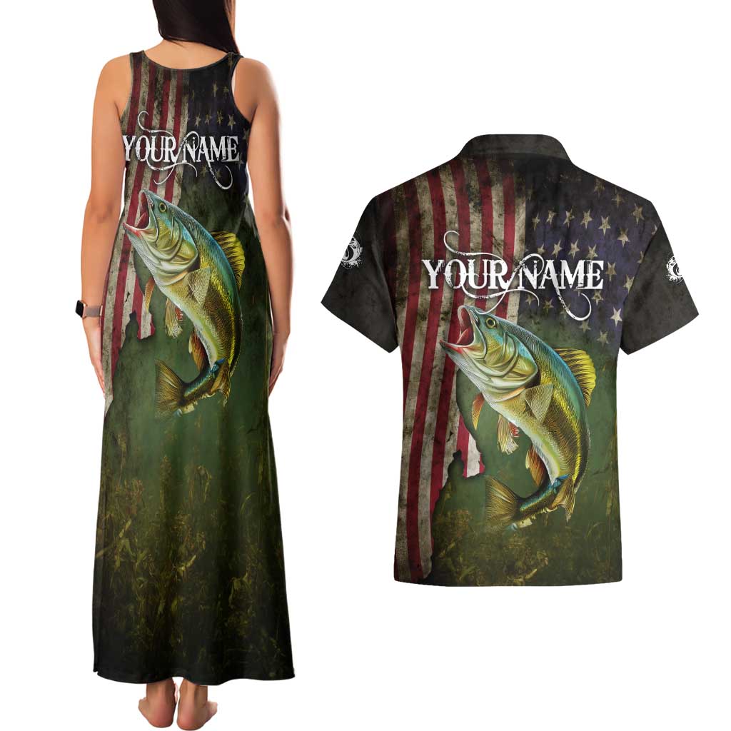 Personalized Walleye Fishing Couples Matching Tank Maxi Dress and Hawaiian Shirt American Flag Background and Green Grunge Style Design - Wonder Print Shop