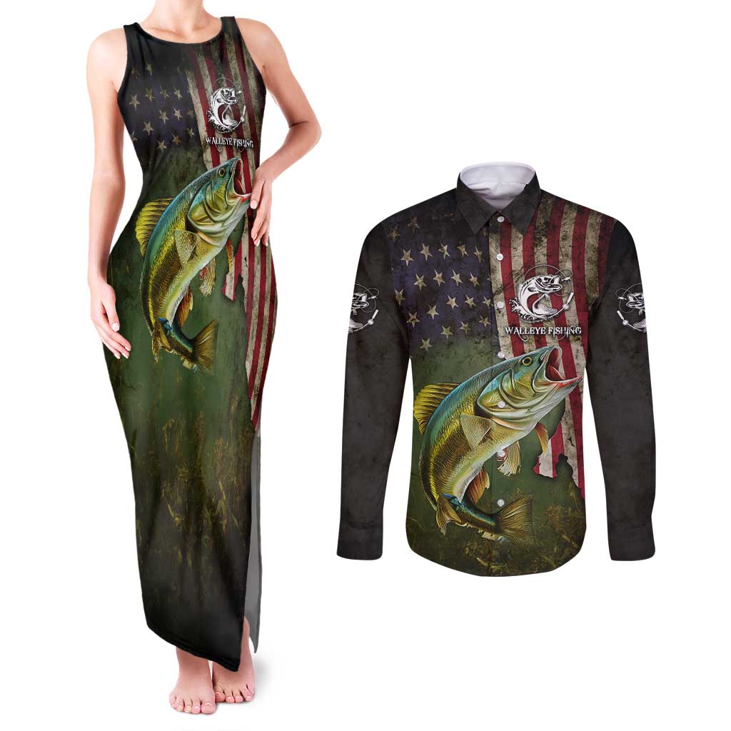 Personalized Walleye Fishing Couples Matching Tank Maxi Dress and Long Sleeve Button Shirt American Flag Background and Green Grunge Style Design - Wonder Print Shop