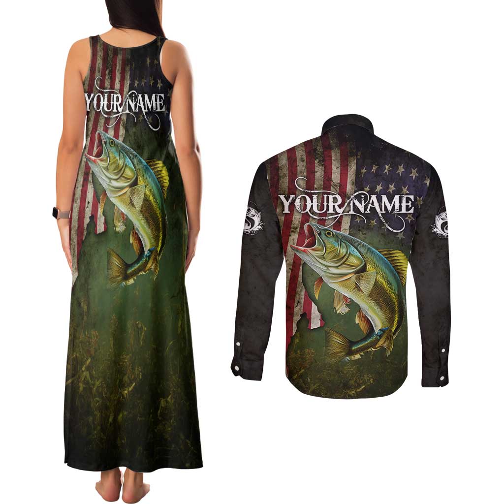 Personalized Walleye Fishing Couples Matching Tank Maxi Dress and Long Sleeve Button Shirt American Flag Background and Green Grunge Style Design - Wonder Print Shop