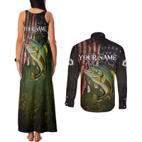 Personalized Walleye Fishing Couples Matching Tank Maxi Dress and Long Sleeve Button Shirt American Flag Background and Green Grunge Style Design - Wonder Print Shop