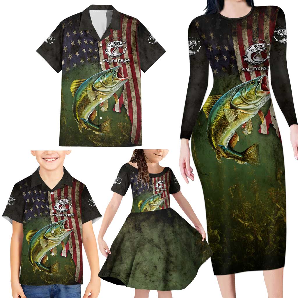 Personalized Walleye Fishing Family Matching Long Sleeve Bodycon Dress and Hawaiian Shirt American Flag Background and Green Grunge Style Design - Wonder Print Shop