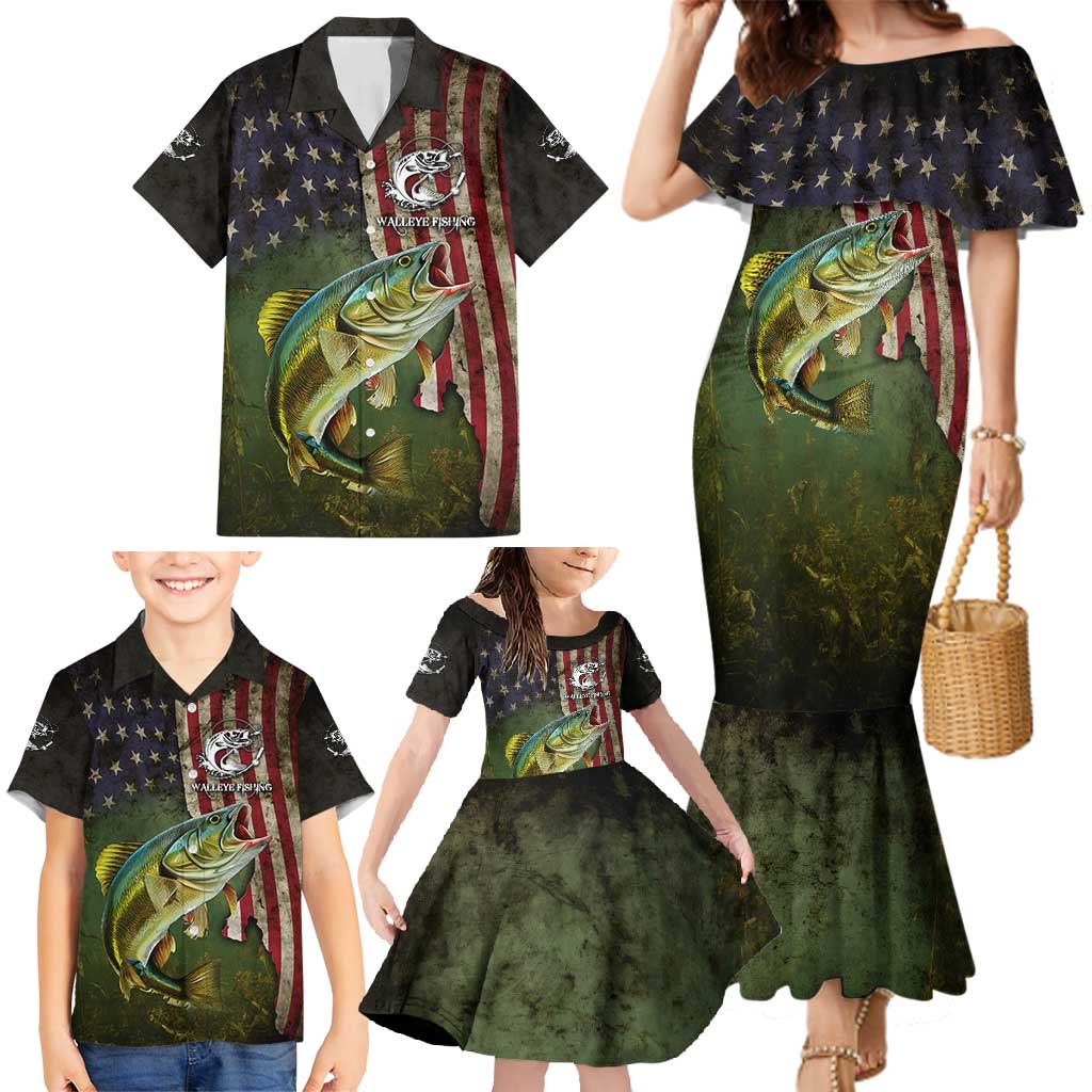 Personalized Walleye Fishing Family Matching Mermaid Dress and Hawaiian Shirt American Flag Background and Green Grunge Style Design - Wonder Print Shop