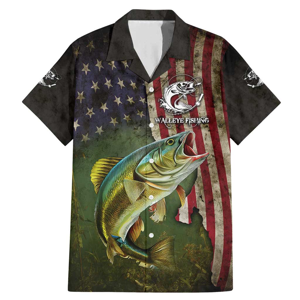 Personalized Walleye Fishing Family Matching Mermaid Dress and Hawaiian Shirt American Flag Background and Green Grunge Style Design - Wonder Print Shop