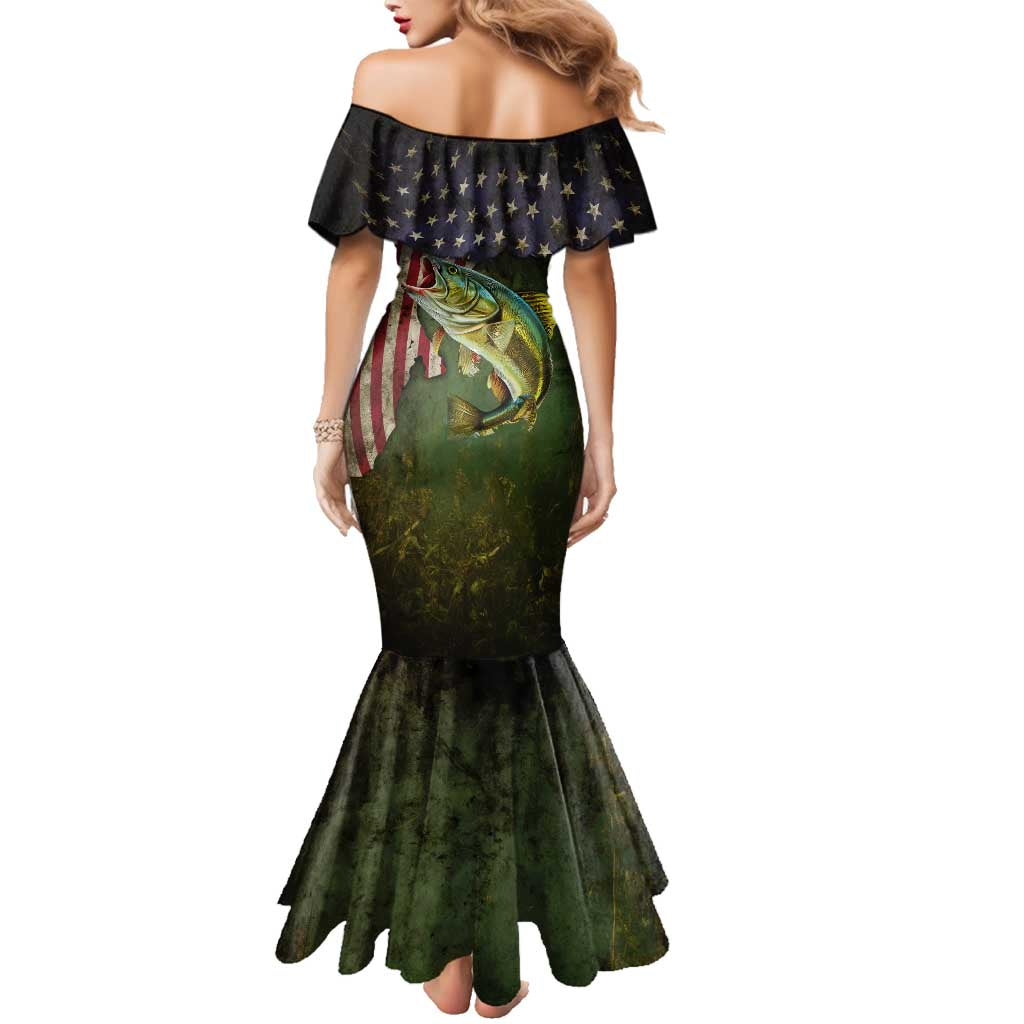 Personalized Walleye Fishing Family Matching Mermaid Dress and Hawaiian Shirt American Flag Background and Green Grunge Style Design - Wonder Print Shop