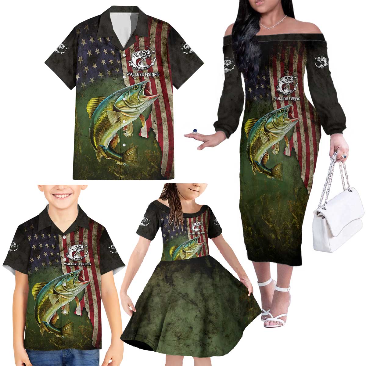 Personalized Walleye Fishing Family Matching Off The Shoulder Long Sleeve Dress and Hawaiian Shirt American Flag Background and Green Grunge Style Design - Wonder Print Shop