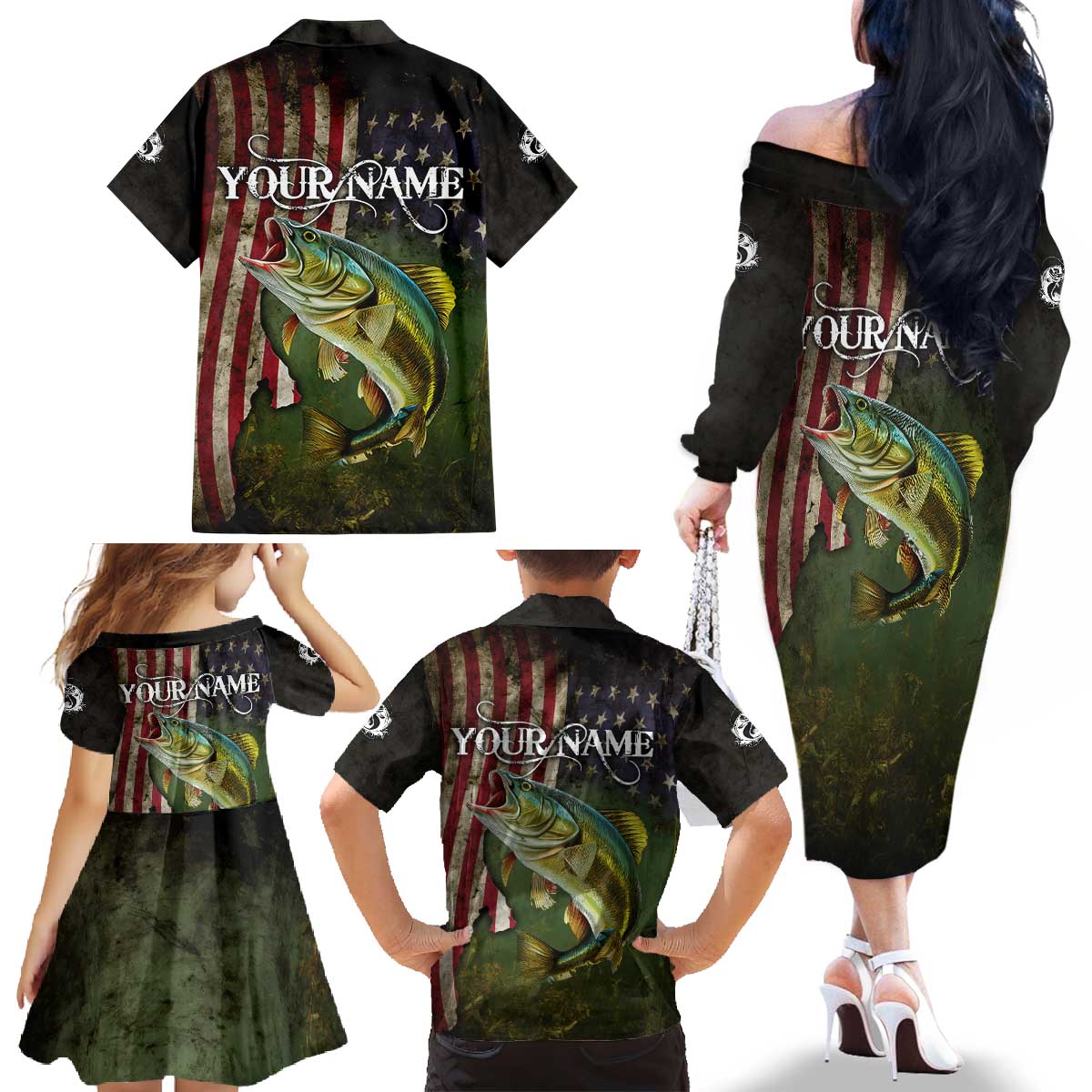 Personalized Walleye Fishing Family Matching Off The Shoulder Long Sleeve Dress and Hawaiian Shirt American Flag Background and Green Grunge Style Design - Wonder Print Shop