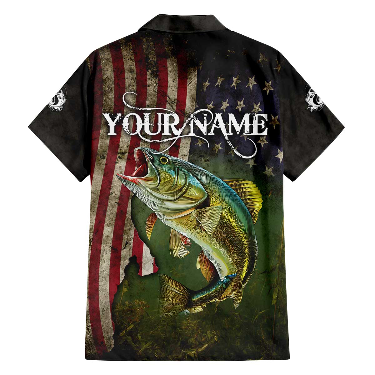 Personalized Walleye Fishing Family Matching Off The Shoulder Long Sleeve Dress and Hawaiian Shirt American Flag Background and Green Grunge Style Design - Wonder Print Shop