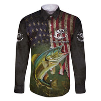 Personalized Walleye Fishing Family Matching Off The Shoulder Long Sleeve Dress and Hawaiian Shirt American Flag Background and Green Grunge Style Design - Wonder Print Shop